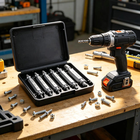 Get The Ultimate Titanium Screw Extractor Kit With Six Pieces For Easy Removal Of Stripped Rusty Bolts And Damaged Screws Made From HSS 4341 Steel For Heavy Duty Home Repairs That Just Work Like Magic On All Your Broken Hardware Projects on workbench with drill