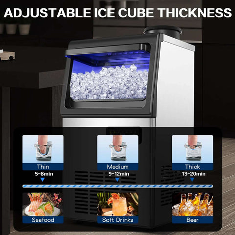 Commercial Ice Maker Delivers 110 Lbs Per Day With Quiet Operation For Home Bar Restaurant Or Coffee Shop Undercounter Or Freestanding Design With 22 Lb Storage And Stainless Steel Self Cleaning with adjustable ice cube thickness feature