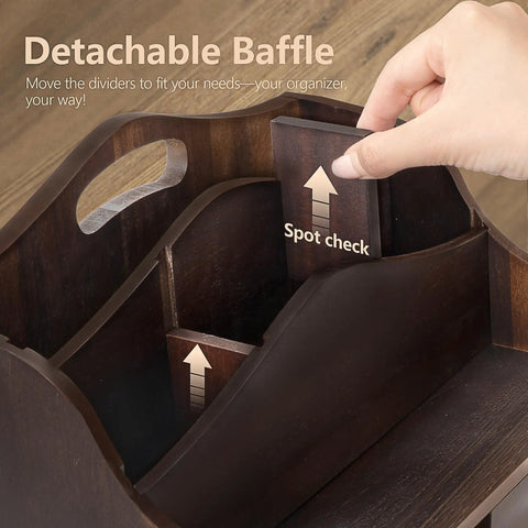 Hand adjusting divider in Acacia Wood Mail Organizer For Desk With Four Slots And Dividers Farmhouse Style Desk Organizer