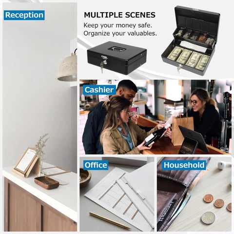 Lockable Cash Box With Coin Tray Durable Metal Money Box With Key Lock For Bills And Change Portable Organizer