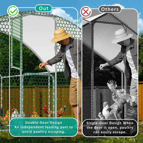 Man demonstrating feeding door on Large Metal Chicken Coop And Walk In Chicken Run With Dome Roof Silver