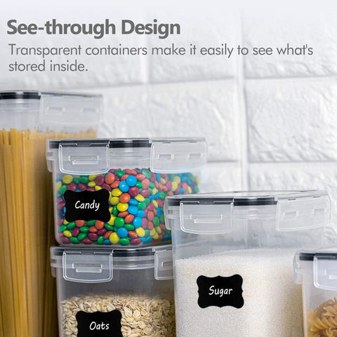 Airtight Food Storage Containers Set, 14 Piece Kitchen Canisters For Flour Sugar Cereal, clear plastic with labels.