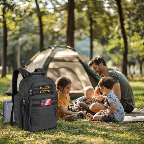 Military Style Dad Diaper Backpack With Changing Pad For Travel And Camping Trips Large Black Baby Bag In Park