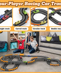 Epic Slot Car Track Set With Four Fast Cars Battery Or Electric Power Dual Lap Counter Circular Overpass Raceway in use