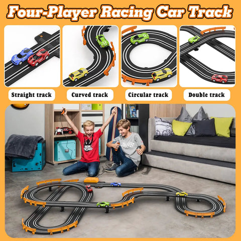 Epic Slot Car Track Set With Four Fast Cars Battery Or Electric Power Dual Lap Counter Circular Overpass Raceway in use