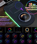Wireless Charging Gaming Mouse Pad 15W With RGB Lighting, Built In Phone Holder shown with glowing RGB effects and touch control