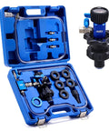Orion Motor Tech coolant vacuum refill kit in blue case with round and conical adapters and gauge.