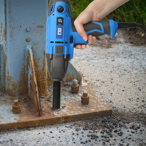 Operating 7.5 Amp Electric Impact Wrench 1/2 Inch Drive With 450 Ft Lbs Max Torque 3400 RPM on metal fasteners outdoors