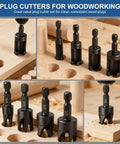 8 Piece Wood Plug Cutter Set Black Oxide Carbon Steel Straight And Tapered Hole Plugs displayed on wood, different sizes shown.