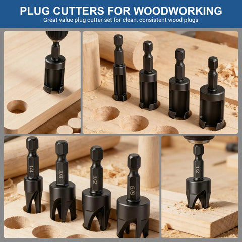 8 Piece Wood Plug Cutter Set Black Oxide Carbon Steel Straight And Tapered Hole Plugs displayed on wood, different sizes shown.