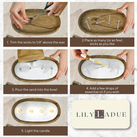 Step-by-step guide for Sand Candle Kit With 24 Wicks And Ivory Pearled Wax Beads 1 Pound Includes Wood Holder Unscented Aroma Beads Reusable Pearled Wax For DIY At Home Craft Kit Powder Beads Refill Available in use