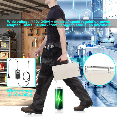 Person carrying Dual Fan Soldering Fume Extractor With H13 HEPA Filter, 3200 RPM Smoke Absorber in workshop
