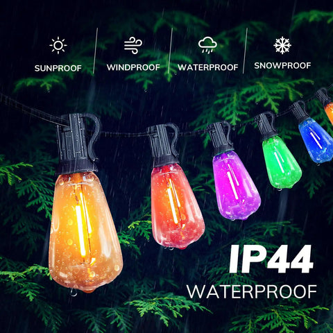 Multicolor Outdoor String Lights 100Ft LED Patio Lights With 55 Shatterproof Edison Bulbs Rainbow Colors IP44 waterproof display