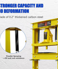 Badass 20 Ton Hydraulic Shop Press Hella Sturdy H Frame Build With Slick Adjustable Work Table And Smooth Acting Ram For Tough Garage Automotive Fixes In Bright Yellow Paint with thickened carbon steel and springs.