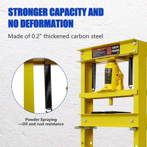 Badass 20 Ton Hydraulic Shop Press Hella Sturdy H Frame Build With Slick Adjustable Work Table And Smooth Acting Ram For Tough Garage Automotive Fixes In Bright Yellow Paint with thickened carbon steel and springs.