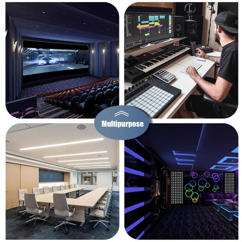 100 Pack Soundproof Foam Panels For Walls, 12x12 Inch Acoustic Tile To Ditch Reverb and Knock Out Unwanted Noise For Your Home Studio, Office Or Gaming Setup Quick Peel Install in a multipurpose environment.