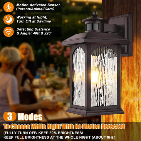 Motion Sensor Outdoor Wall Light With Dusk To Dawn Photocell, Oil Rubbed Bronze Exterior Sconce and Water Rippled Glass Lantern