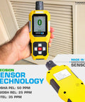 Hand holding Ammonia Gas Detector For Farms And Livestock With Large Digital Display 0 To 100 ppm Range 1 ppm Resolution UK Sensor.