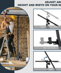 Image of a worker adjusting the 16 Foot Heavy Duty Drywall Lift And Rolling Panel Hoist, 150 Lb Capacity for height and angle.