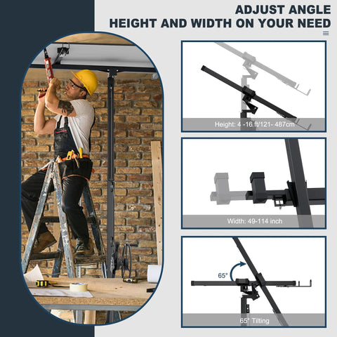 Image of a worker adjusting the 16 Foot Heavy Duty Drywall Lift And Rolling Panel Hoist, 150 Lb Capacity for height and angle.