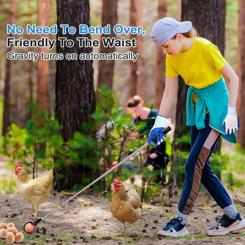 Extendable Egg Grabber Tool For Chicken Eggs, Stainless Steel Picker With 15.7 To 76 Inch Adjustable Handle And Non Slip Gloves, Ideal For Coop Nest And Poultry Farm Use, No Bending Hassle
