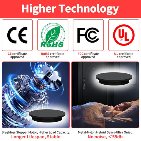 Foxvee Heavy Duty Motorized Turntable 23.6 Inch showing technology certifications and quiet operation features.