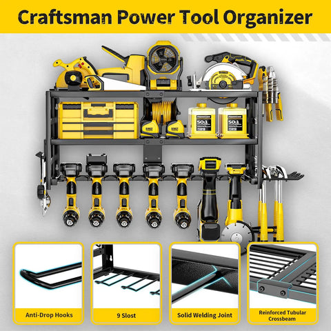 Heavy Duty Wall Mount Power Tool Organizer With Three Layer Storage Rack Nine Drill Holders And Battery Storage That Can Handle Up To 320 Pounds For Your Garage Workshop And Tool Room Gotta Have It displayed with tools.