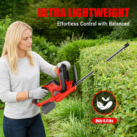 Woman using Cordless Hedge Trimmer With 22 Inch Dual Action Blade And Five Eighth Inch Cutting Capacity Tool Only Battery Not Included Compatible With M18 Battery For Easy Garden And Backyard Maintenance on hedge