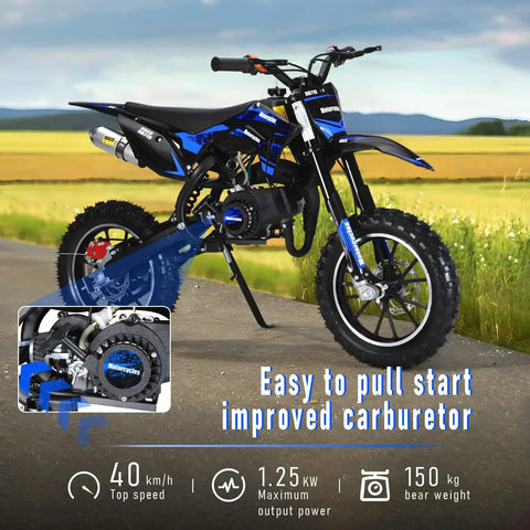 Awesome 50Cc Gas-Powered Kids Dirt Bike With 2-Stroke Engine Hits 35 Mph for thrilling off-road adventures in blue.