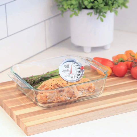 Stainless Steel Oven Safe Meat Thermometer With Extra Large 2.5 Inch Dial And Clear Temperature Labels in cooked chicken on tray