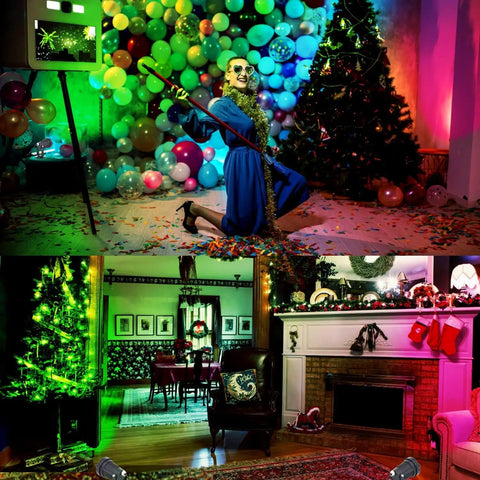 Person celebrating with balloons and festive lights, highlighting usage of Indoor RGBW Spotlight Set 2 Pack Dope With Remote 5W Uplights.