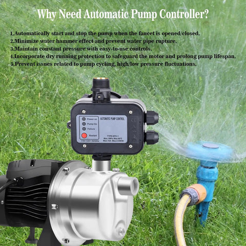 IP65 Automatic Water Pump Controller setup with pressure switch and flow sensor for self priming pumps in outdoor lawn use