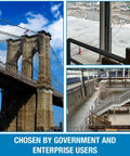Collage of concrete structures including a bridge, pavement, and indoor area, highlighting usage potential for concrete sealer.