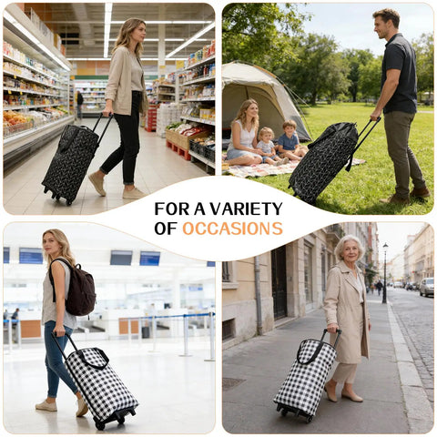 Heavy Duty Foldable Wheeled Grocery Cart With Insulated Waterproof Bag used in supermarket, park, airport, and street scenes