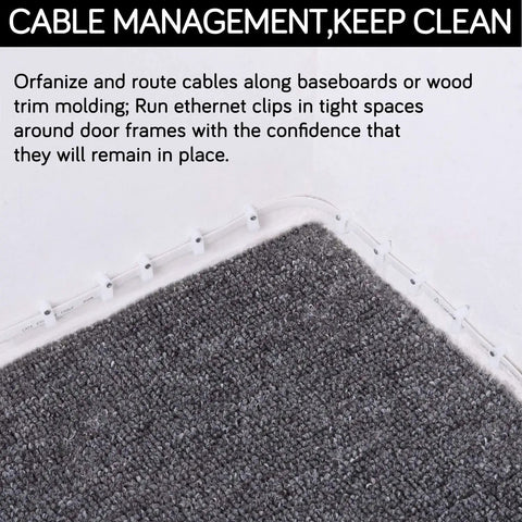 100 Pack 8mm Ethernet Cable Clips With Nails For Cat6 Cat7 Flat Cables White Durable UV Stabilized Plastic Cord Holders installed on carpet edge