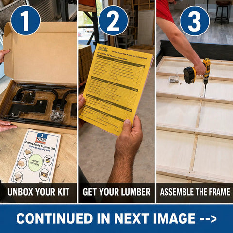 Queen Size Murphy Bed Hardware Kit Featuring Bulletproof Gas Piston Lift Systems unboxing, cutting guide, and assembly steps.