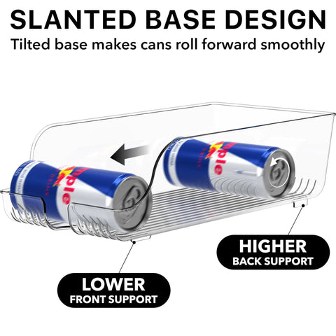 Slanted base design of Tall Skinny Can Organizer And Dispenser For Fridge And Pantry Clear Set Of 2 Holds 12 Oz Skinny Cans