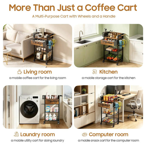 Four Tier Rolling Coffee Cart With Flexible Removable Shelves And Smooth Gliding Wheels Versatile Kitchen Bar Organizer Mobile Storage Stand To Kick Back While Brewing Daily shown in living room and kitchen settings.