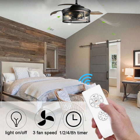 Old School 42 Inch Vintage Caged Industrial Ceiling Fan With Lights Remote Control in farmhouse bedroom setting