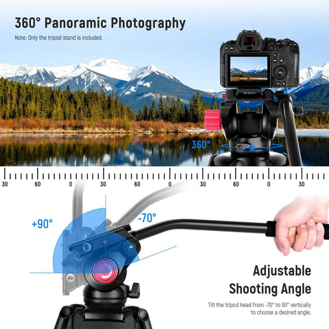 Beefy Heavy Duty Aluminum Video Tripod With 360 Degree Fluid Drag Head And Quick Release Plate, camera attached in scenic setup