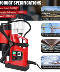 Beefy 1400W Magnetic Drill Press With 6 Drill Bits For Metal shown with product specifications and industry uses.