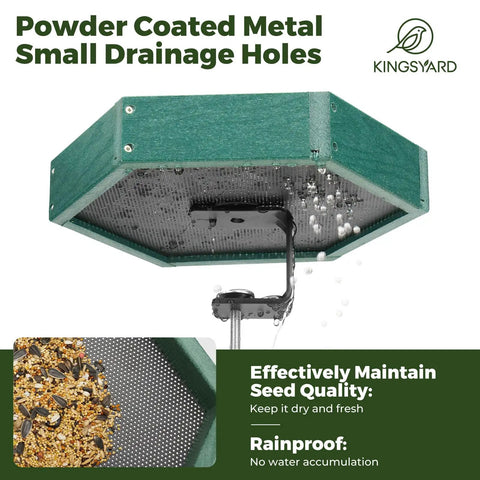 Adjustable Clamp On Deck Bird Feeder For Balcony Railings Featuring Dead Simple No Drill Installation Quick Setup For Porches And Fences Crafted From Recycled Poly Lumber And Tough Powder Coated Metal showing drainage holes.