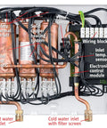 Hella Good On Demand Tankless Water Heater Paired With A Three Stage Whole House Filtration System For Heavy Metal Removal showing internal copper heating system and sensors.