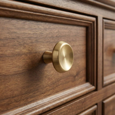 10 Pack Champagne Bronze Cabinet Knobs, 1.4 Inch Round Cabinet Pulls on wooden drawer.