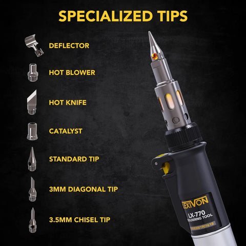 Butane Soldering Iron Multi Purpose Kit Cordless Self Igniting Adjustable Flame 7 Tip Set Pro Grade 125 Watt Equivalent