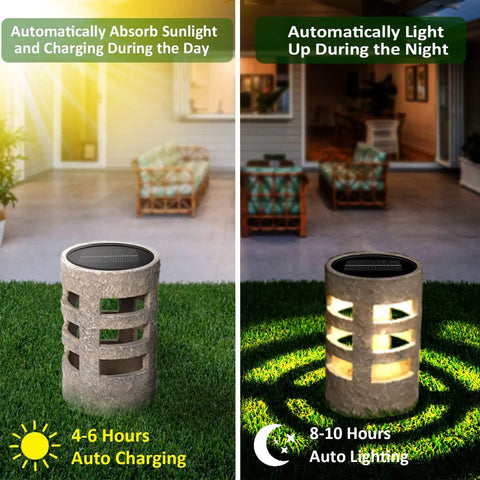 Day and night view of 4 Pack Solar Garden Lights Outdoor Waterproof LED Rock Lights For Pathway Driveway Backyard Patio Decor Landscape.