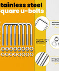 4 Piece 304 Stainless Square U Bolts With Washers And Nuts Kit, 1/2 Inch Thread, 1/2 Inch Diameter, shown with labels