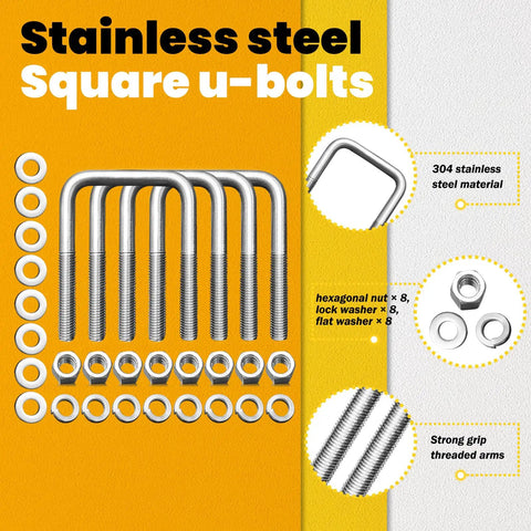 4 Piece 304 Stainless Square U Bolts With Washers And Nuts Kit, 1/2 Inch Thread, 1/2 Inch Diameter, shown with labels
