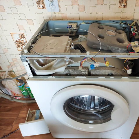 Internal components of a washing machine with visible washer door for Washer Door Seal Clamp Replacement Kit With Stainless Steel Boot Clamp And Door Spring, 32 Cm Diameter, Leak Proof Water Seal To Stop Leaks, Easy Install Drain Hose Clamp For Home Washers.