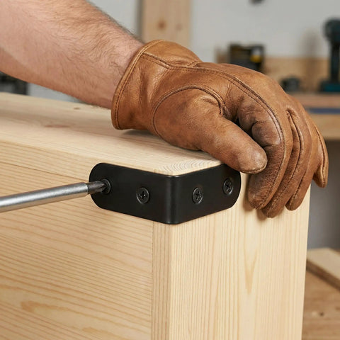 Beefy Black Metal L Brackets For Wood Shelves Heavy Duty 90 Degree Corner Braces With 20 Screws 1.57 X 1.57 Inch installed on wooden corner